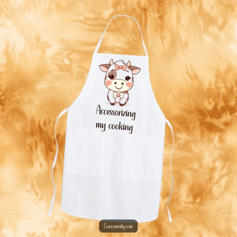 Funny Kawaii cow apron showing a happy cow with a silly bow, ready for funny kitchen adventures.