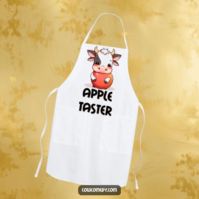 Funny apron with a cow playfully nudging a large, round apple as it rolls. Humorous kitchen wear for playful chefs.