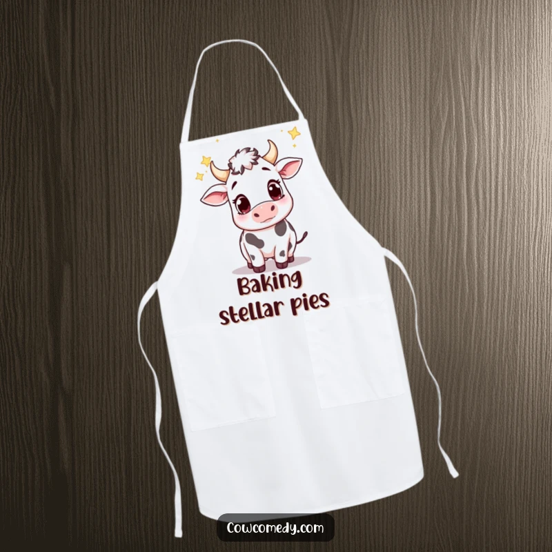 Funny apron featuring a cute cow with large, wondering eyes, reaching for falling stars while preparing a meal.