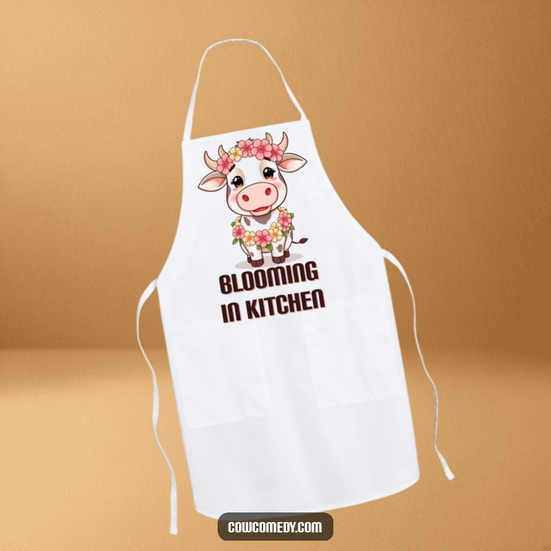 Funny Apron showing a silly cow wearing a floral garland, perfect for kitchen tasks with whimsical, floral humor.