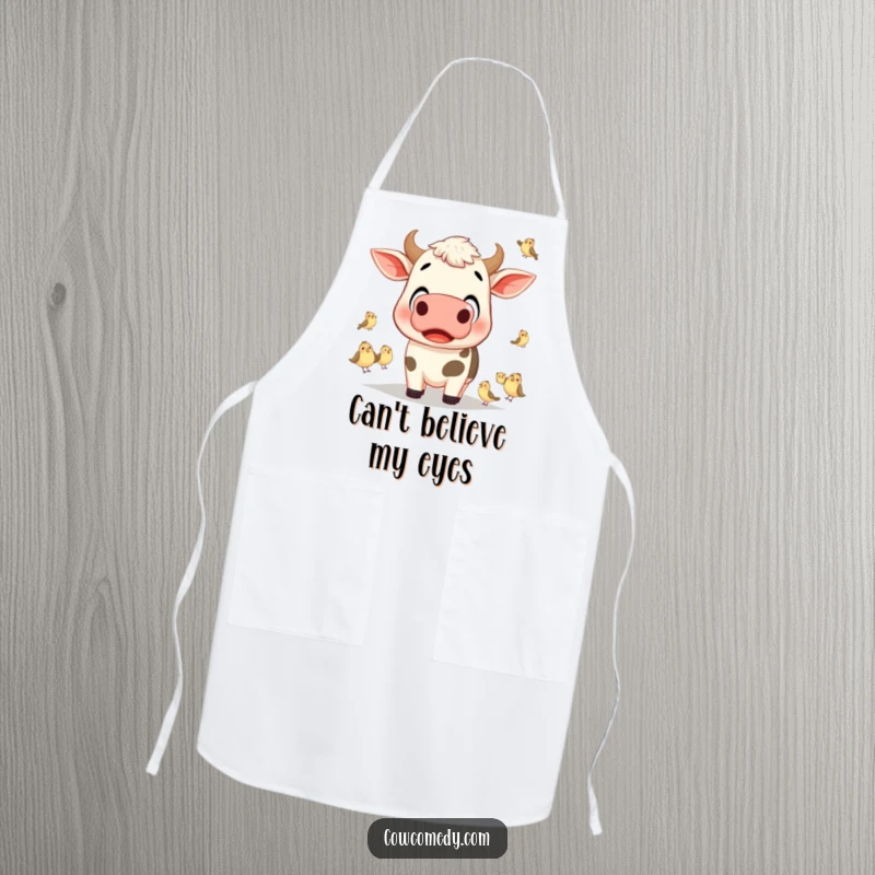 Funny cow with wide, surprised eyes watching small birds on a durable apron, great for kitchen humor.
