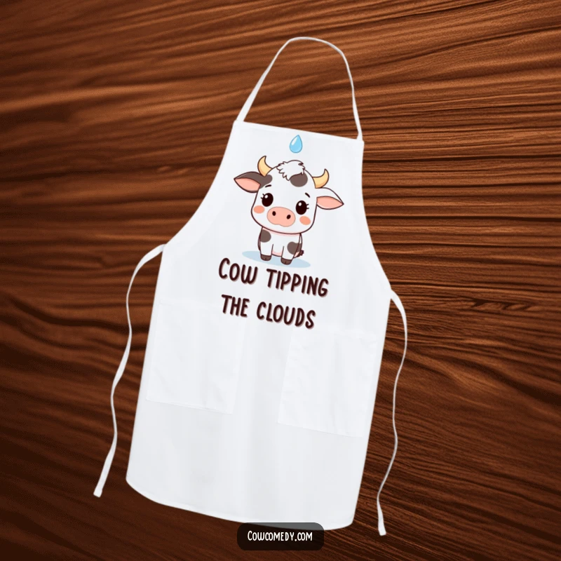 Funny kawaii cow apron, comically surprised face as a raindrop falls, ideal for kitchen fun and lighthearted cooking.