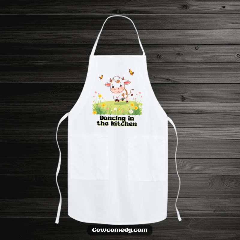 Funny playful cow apron with a cow chasing a butterfly, adding a whimsical touch to cooking and baking.
