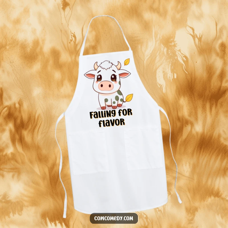 Funny apron with a cow showing surprise as an autumn leaf falls. Humorous kitchen wear for seasonal cooks.