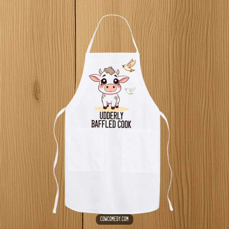 Funny cow apron illustrating a cow with wide, surprised eyes looking up at a flying bird, for kitchen humor.