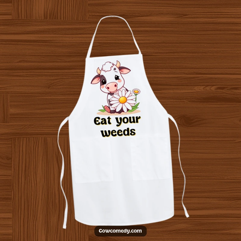 Funny apron with a cheerful cow happily munching a giant daisy. Humorous kitchen wear for cooking and baking enthusiasts.