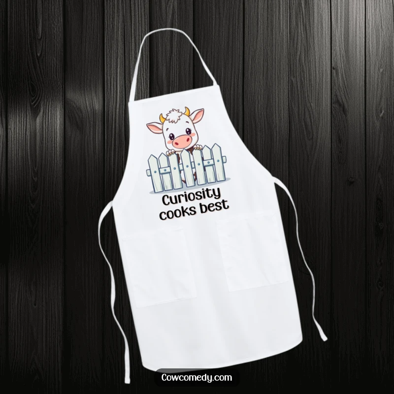 Funny apron with a curious cow peeking over a picket fence, ideal for cooking and baking with a touch of humor.