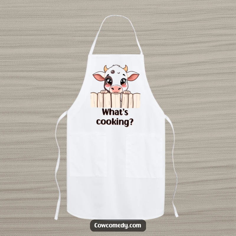 Funny curious cow apron with a cow peeking over a fence, perfect for chefs who like to keep an eye on things.