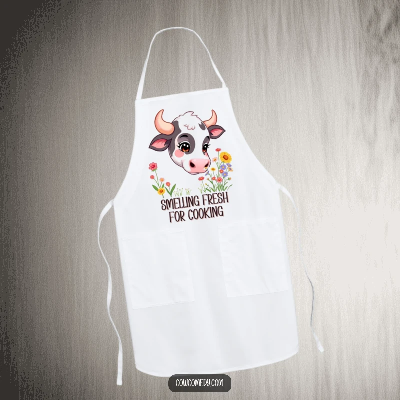 Funny apron design showing a curious cow with a happy expression, sniffing a vibrant bouquet of mixed wildflowers. Ideal for kitchen fun.