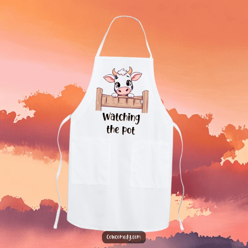 Funny apron featuring a curious cow peeking over a fence with an inquisitive expression.