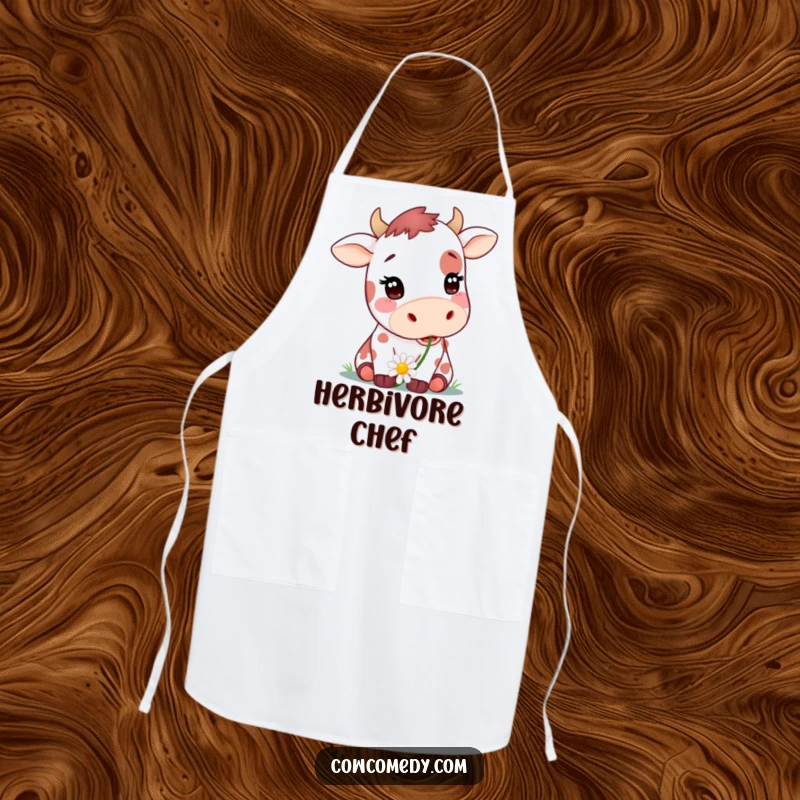 Funny kitchen apron with a cute spotted cow happily chewing a daisy, making cooking more enjoyable, a great funny gift.