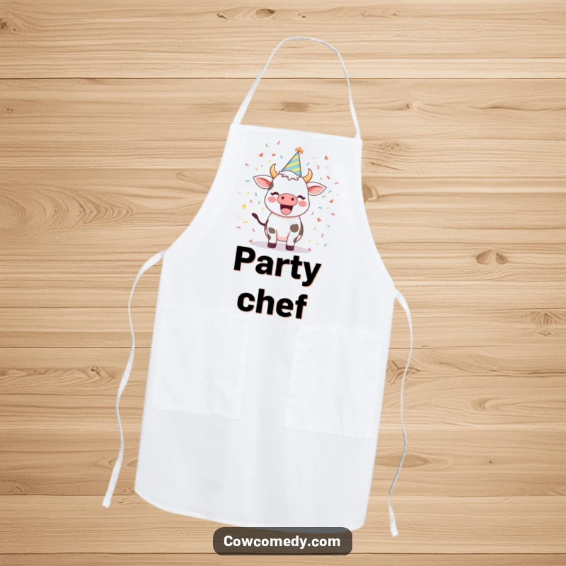 Funny apron showing an excited cow wearing a party hat and surrounded by confetti, ideal for kitchen humor and festive cooking.