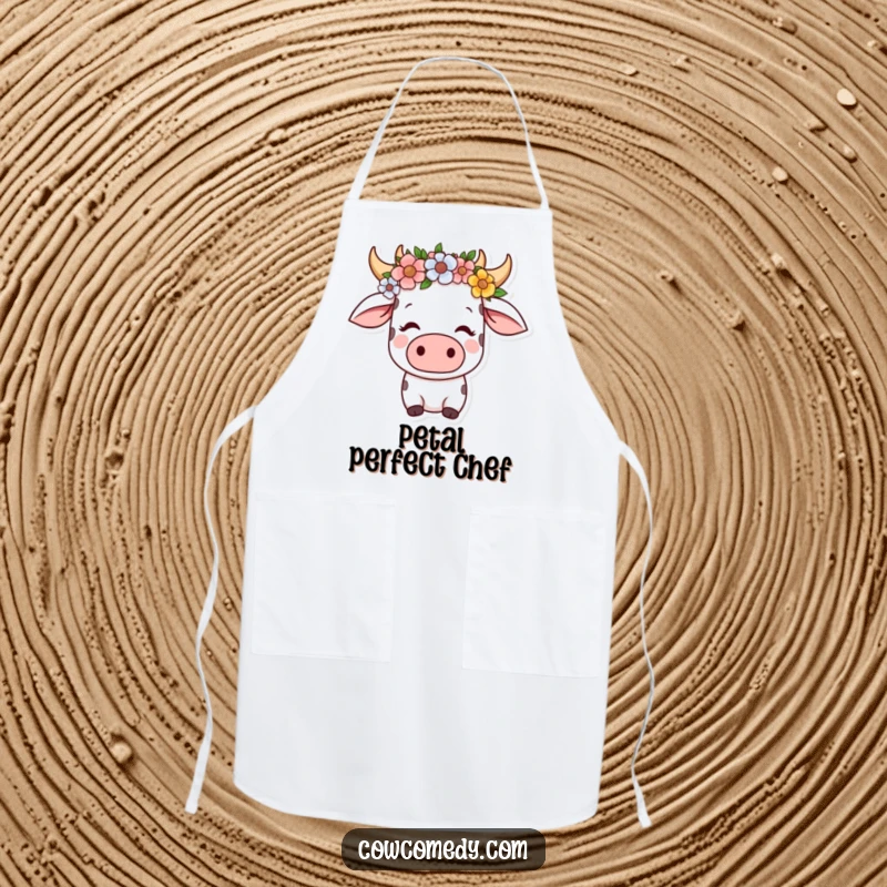 Funny kawaii cow apron featuring a serene cow wearing a flower crown, looking content, perfect for kitchen use.
