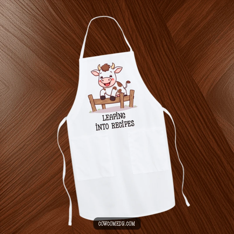 Funny kawaii cow apron showing a cute cow leaping energetically over a small fence, ideal for kitchen tasks with a playful touch.