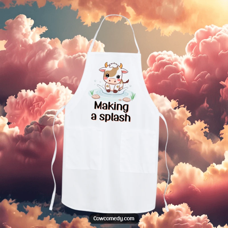 Funny Kawaii cow apron showing a playful cow splashing water in a small pond, perfect for kitchen fun.