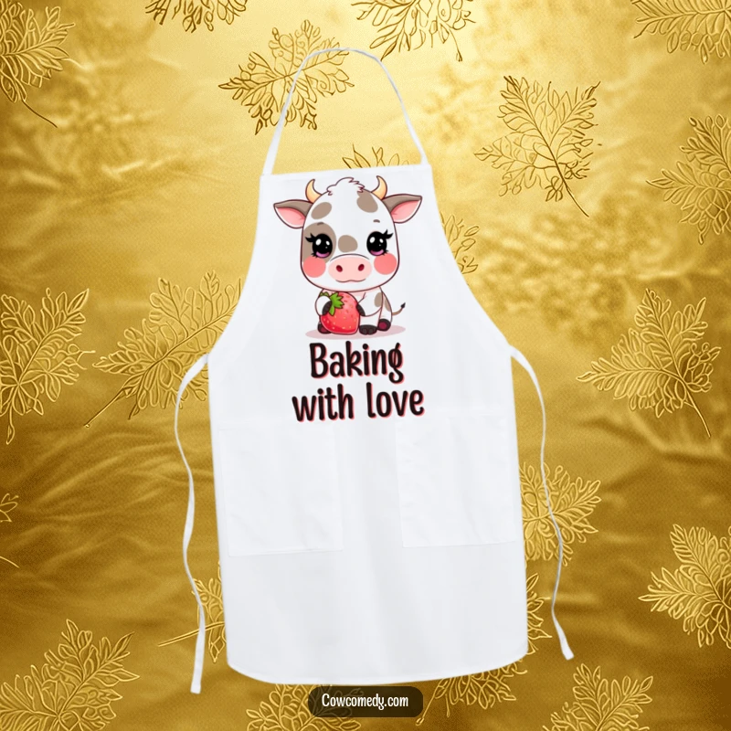 Funny kawaii cow apron showing a cute, blushing cow holding a giant strawberry, perfect for kitchen tasks with a sweet touch.