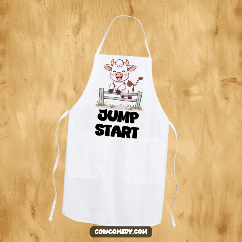 Funny kitchen apron with a joyful cow leaping over fence, mid-moo, making cooking more energetic, a great funny gift.