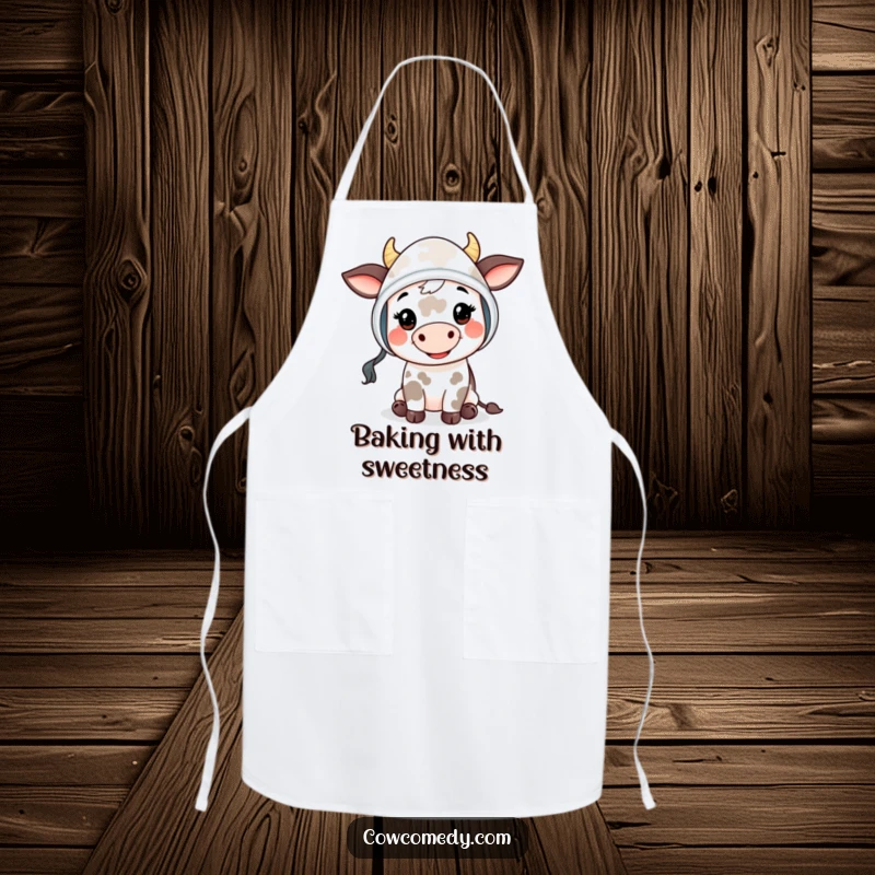 Funny Mooing Cow Kid Apron: a cute cow child in a bonnet giving a friendly 'moo', adding humor and charm to cooking.
