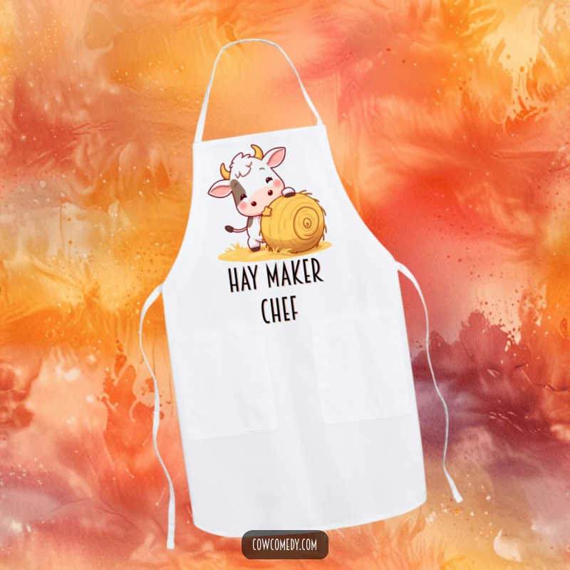 Funny apron featuring a playful cow nudging a rolling ball of hay, perfect for cooking and baking with a humorous twist.