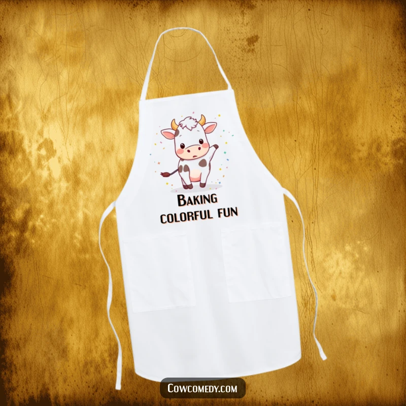 Funny apron featuring a playful cow kicking up a cheerful cloud of colorful confetti.