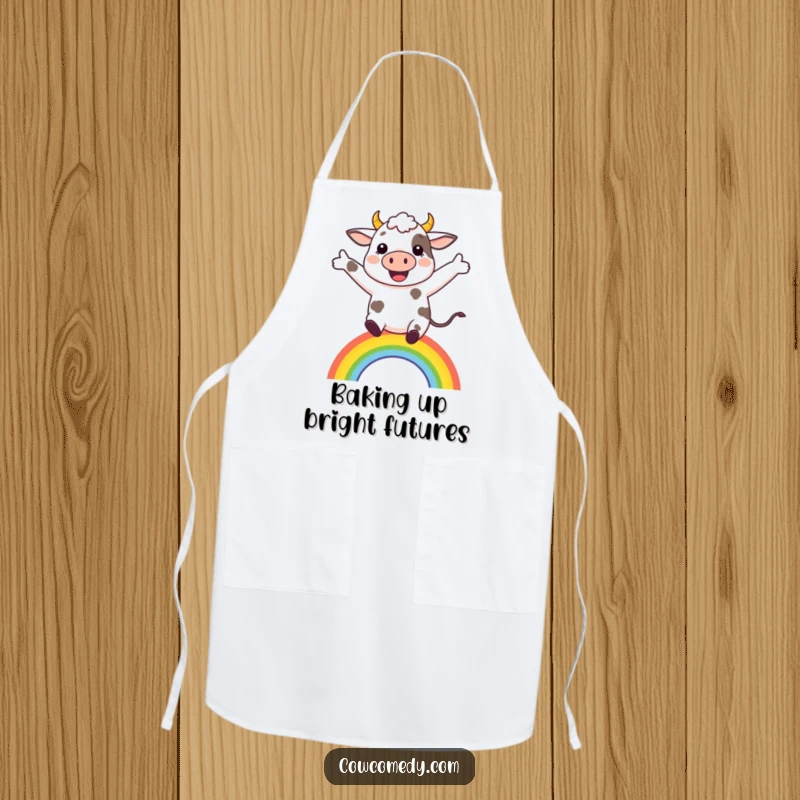 Funny cow leaping over a miniature rainbow on a durable apron, bringing cheer to kitchen tasks.