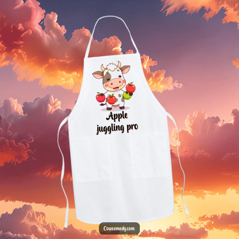 Funny kawaii cow wobbly attempting to juggle three colorful apples, on a functional and amusing kitchen apron.