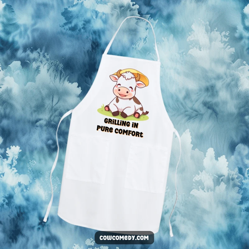 Funny contented cow relaxing under a sunshade on a durable apron, perfect for calm kitchen tasks.