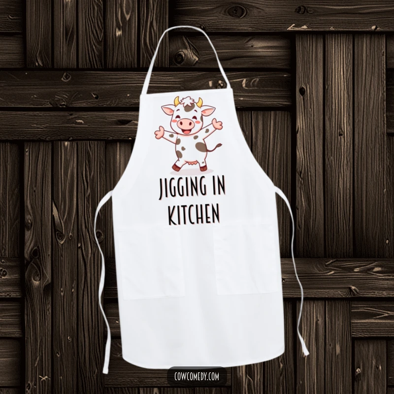 Funny cheerful cow jig apron showing a spotted cow happily dancing and performing a little jig, ready for humorous kitchen routines.