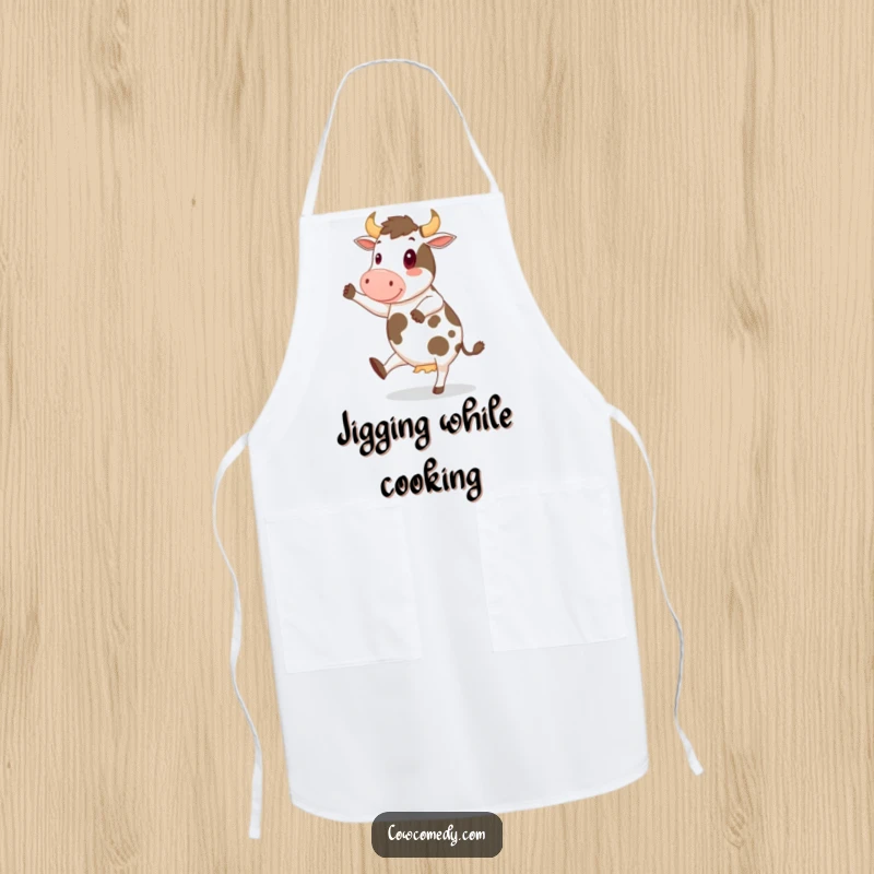 Funny Apron showing a cheerful cow doing a jig, perfect for kitchen fun with a humorous, energetic touch.
