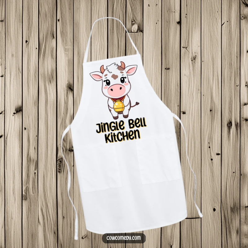 Funny apron design showing a happy, whimsical cow wearing a bell that bursts with sparkling lights and glee. Whimsical kitchen wear.