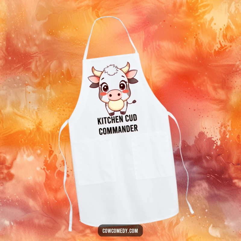Funny cow cud chewer apron showing a smiling cow, large innocent eyes, playfully chewing cud, ready for humorous kitchen tasks.