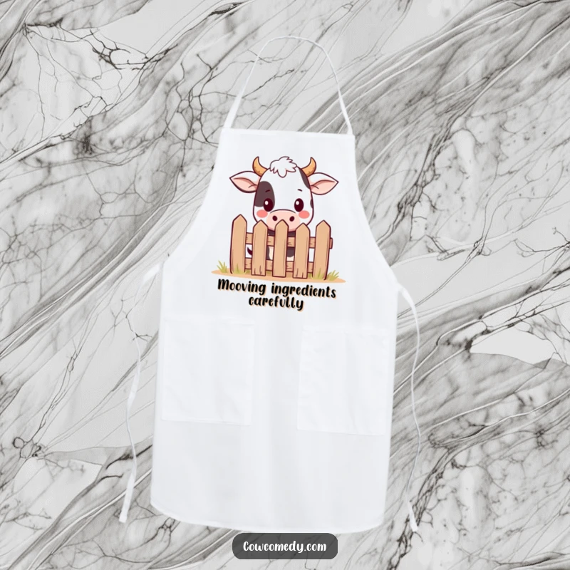 Funny kawaii cow apron showing a cute cow peeking over a small fence, ideal for kitchen tasks with a humorous touch.