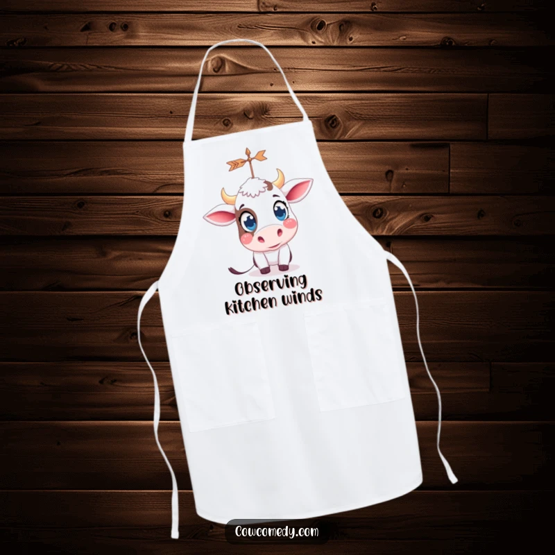 Funny kawaii cow with big, curious eyes, looking at a spinning weather vane, on a functional and cute kitchen apron.