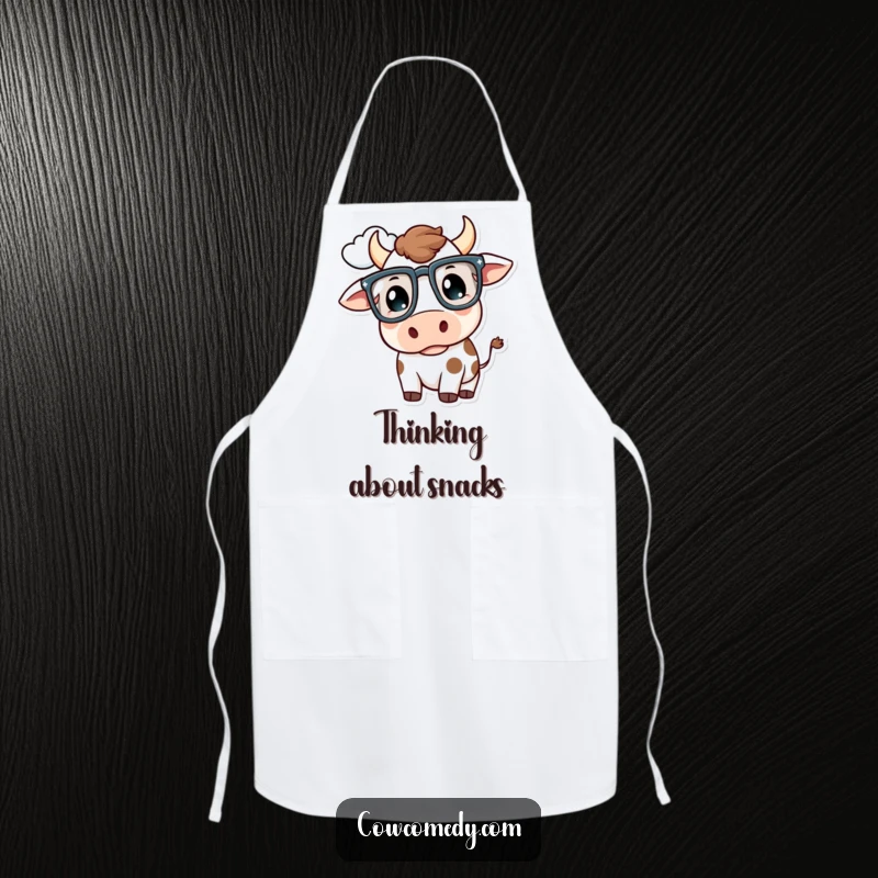 Funny Kawaii Cow Apron: A cow with oversized glasses thoughtfully looks at a cloud, a clever and funny kitchen gift.