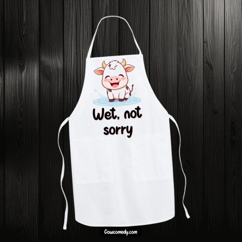Funny kawaii cow apron showing a happy cow gleefully splashing in a small puddle, perfect for kitchen fun and joyful cooking.
