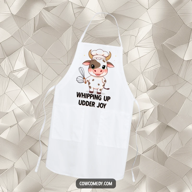 Funny cow chef with a giant whisk on a durable apron, for cooking and baking with a humorous twist.
