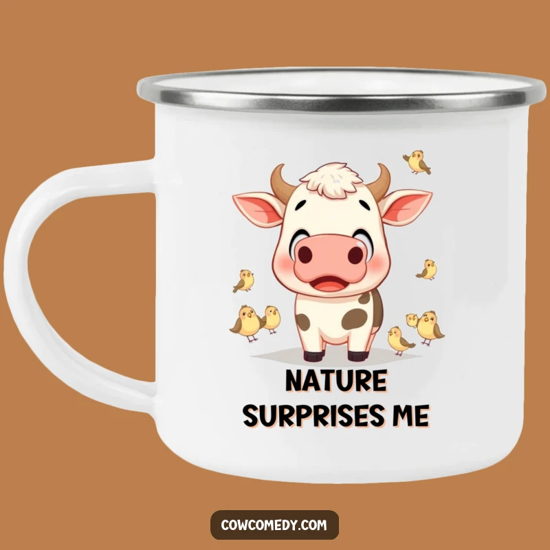 Adventure Funny Surprised Cow Camping Mug: Sip with Wonder Outdoors