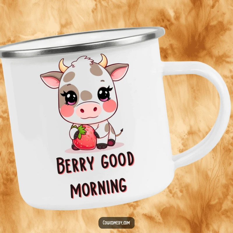 Funny kawaii cow camping mug with a cute, blushing cow offering a giant strawberry, perfect for enjoying drinks outdoors.