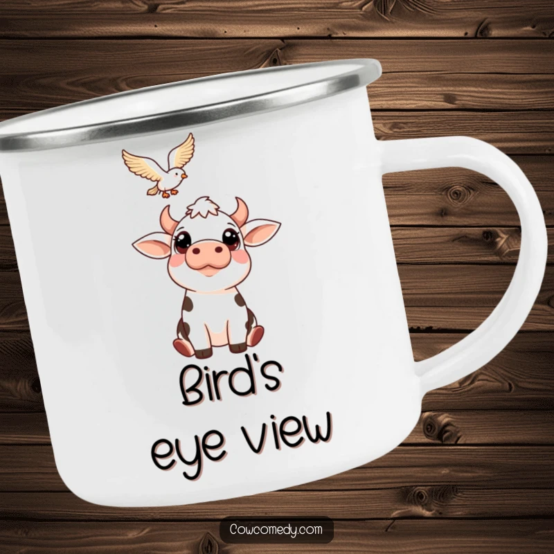 Funny camping mug featuring a cow with large, friendly eyes looking up at a soaring bird. Durable and humorous drinkware for outdoor use.