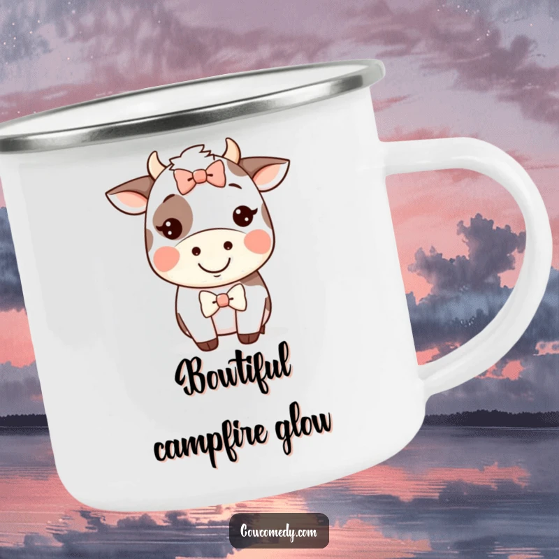 Funny Kawaii cow camping mug with a happy grinning cow wearing a silly bow, perfect for outdoor fun.