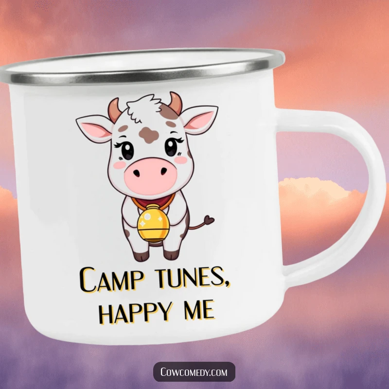 Funny camping mug graphic of a whimsical cow wearing a bell that glitters with bright sparkles. Sturdy and enchanting.