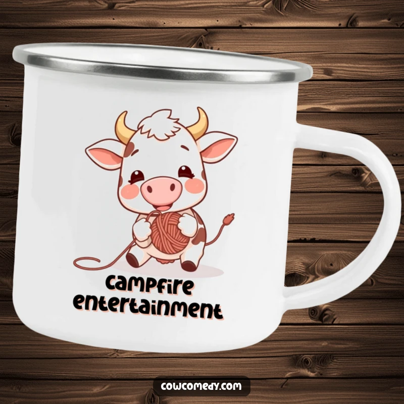 Funny camping mug illustration of a happy cow bouncing a yarn ball with its nose, perfect for outdoor enthusiasts who love a good laugh.