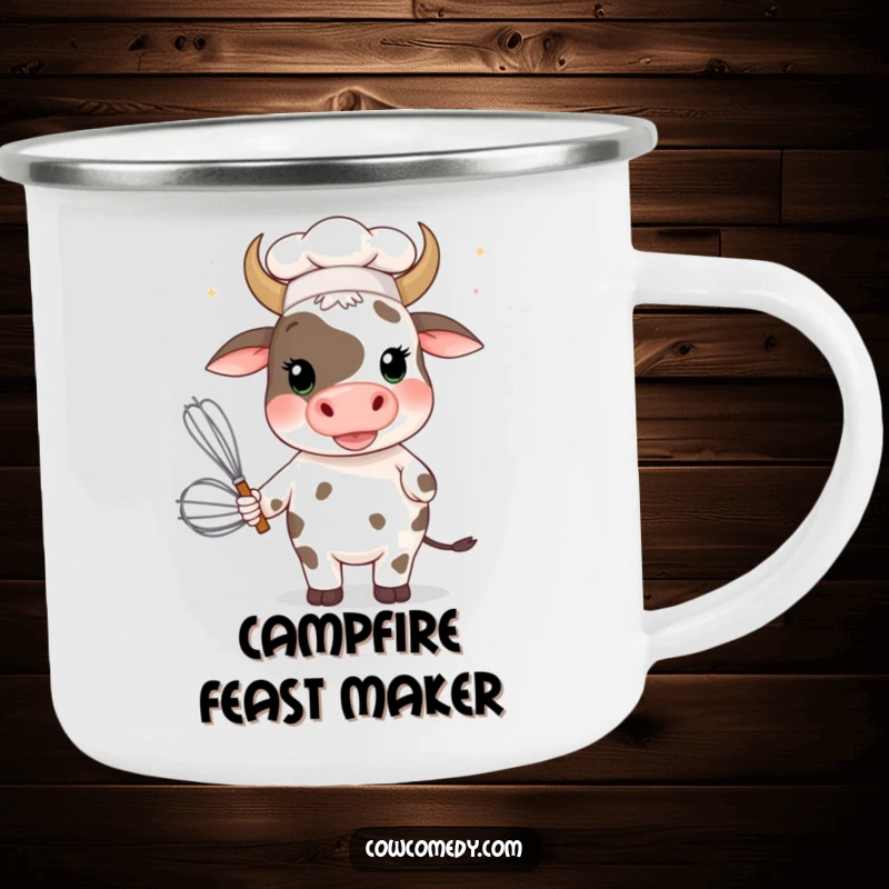 Funny cow chef with a giant whisk on a rustic camping mug, ideal for outdoor adventures and morning brews.