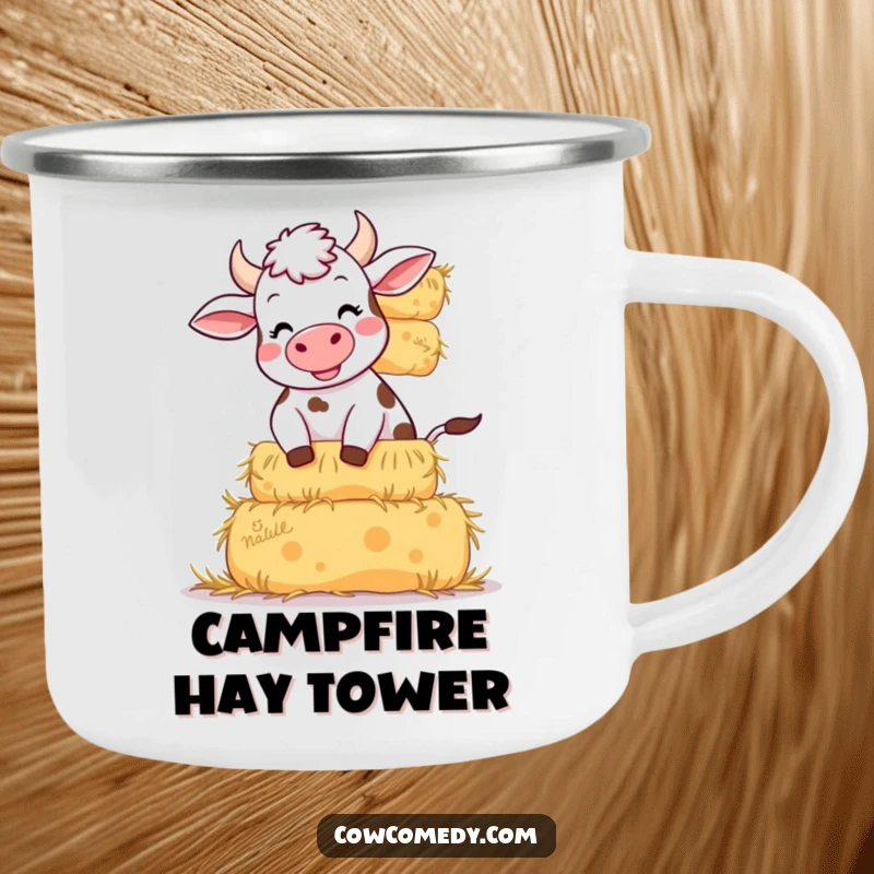 Funny camping mug graphic of a giggling cow teetering under the weight of a tall stack of hay bales. Sturdy and amusing.