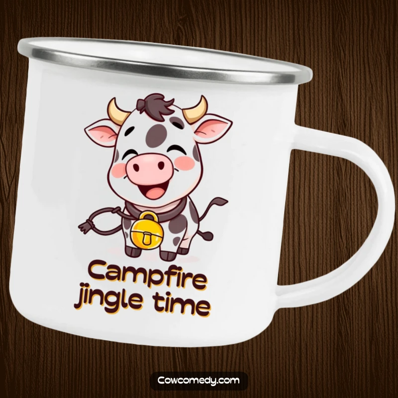 Funny giggling cow enamel camping mug with a cowbell, durable and perfect for adding cheer to outdoor trips.