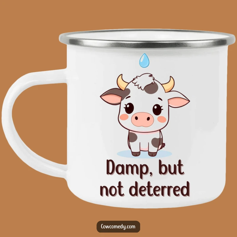 Durable funny kawaii cow camping mug, a great gift for adventurers, with a surprised cow and raindrop.