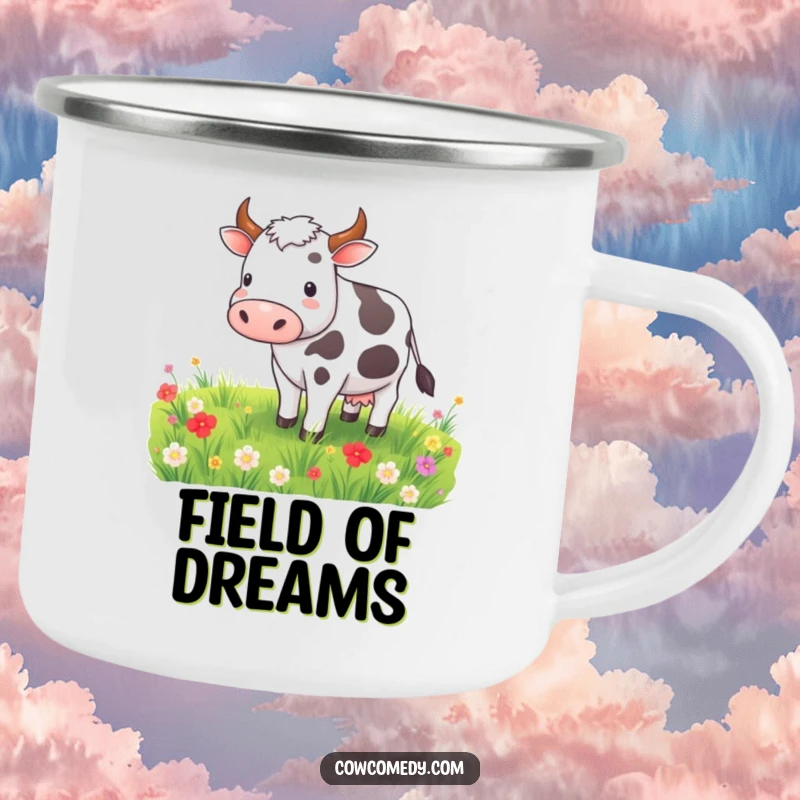 Funny camping mug featuring a contented cow grazing in a meadow, perfect for peaceful outdoor enjoyment and cow lovers.