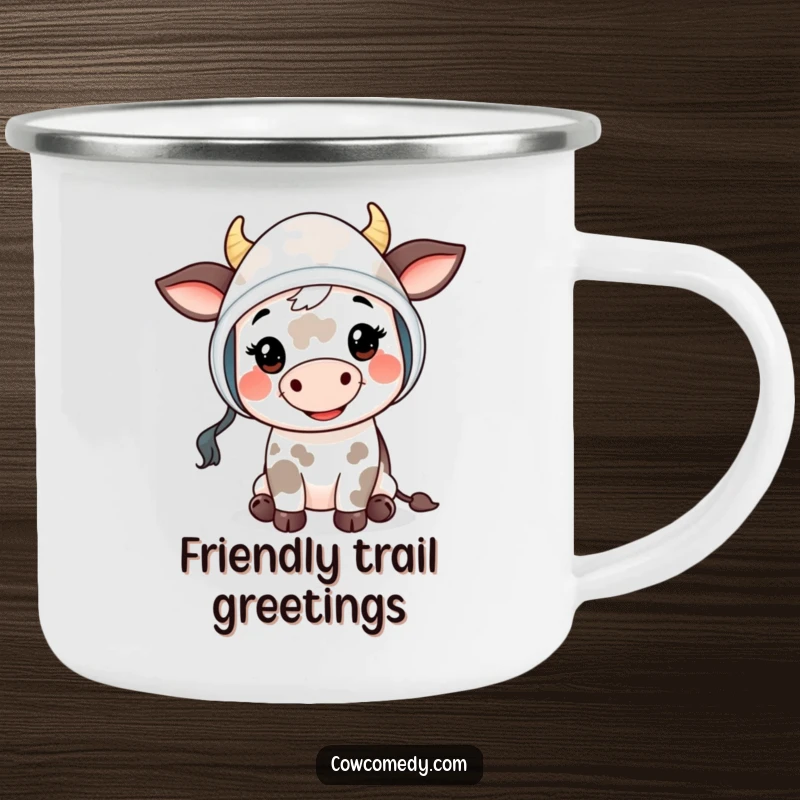 Funny Mooing Cow Kid Camping Mug: a cute cow child in a bonnet giving a friendly 'moo', perfect for enjoying beverages outdoors.