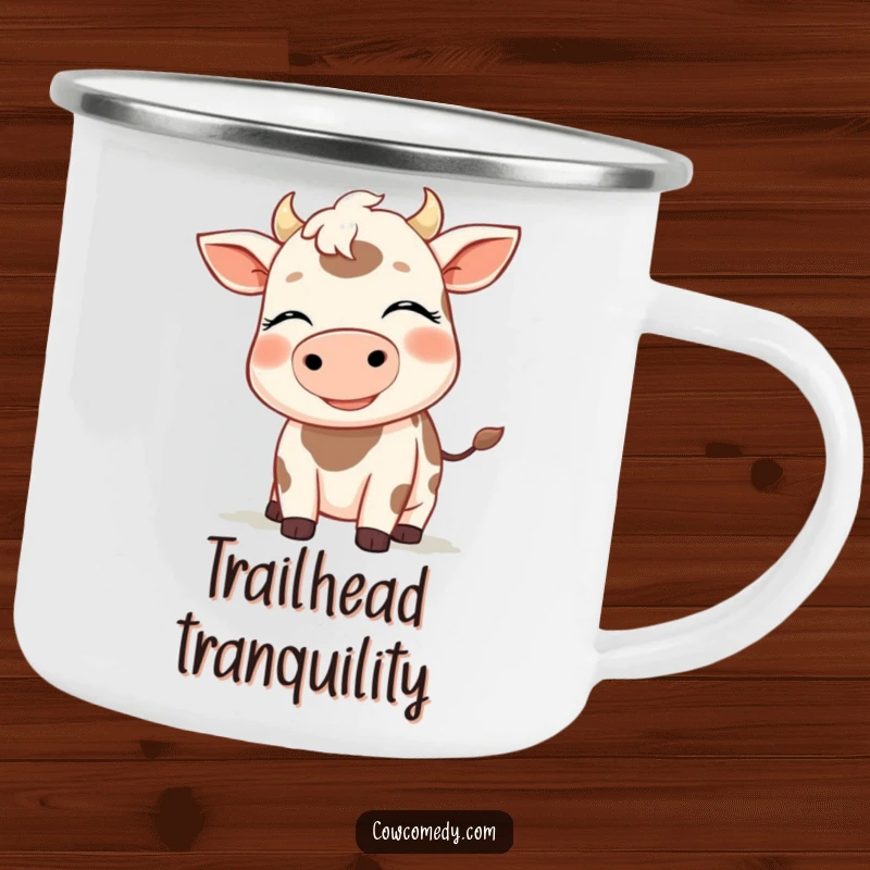 Funny camping mug with a smiling cow, eyes closed, enjoying a gentle breeze, perfect for outdoor relaxation, a durable funny gift.