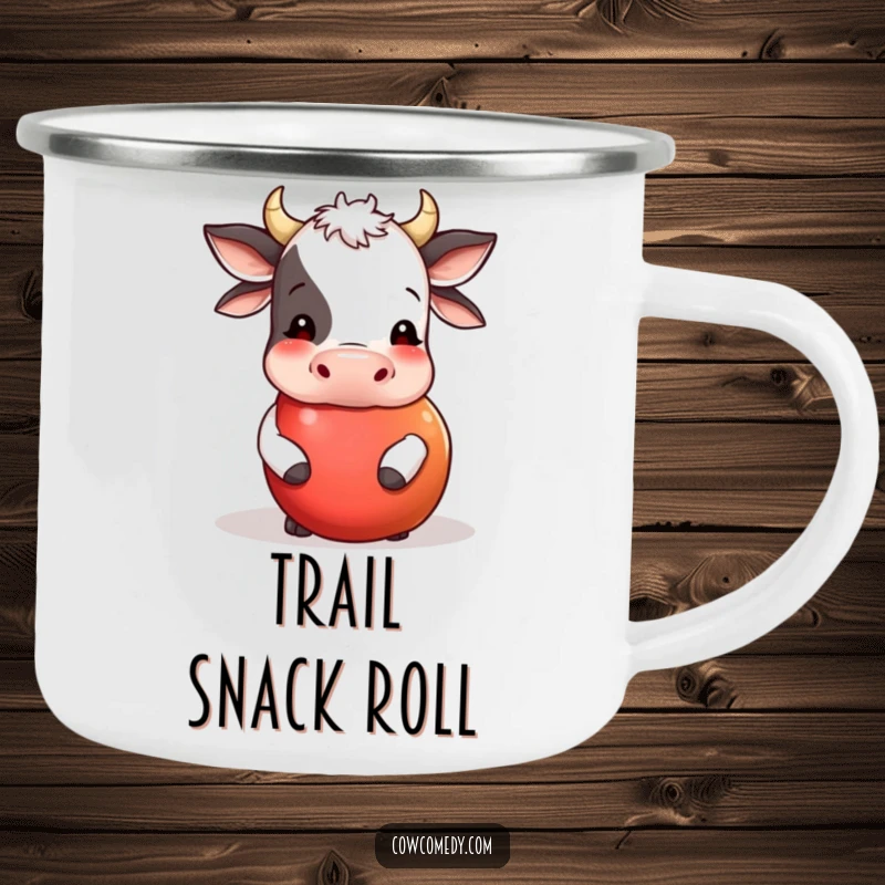 Funny camping mug featuring a cow playfully nudging a large, round apple that is rolling. Durable and humorous drinkware for outdoor use.